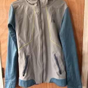 The North Face Grey Jacket with Teal Sleeves and Yellow Piping